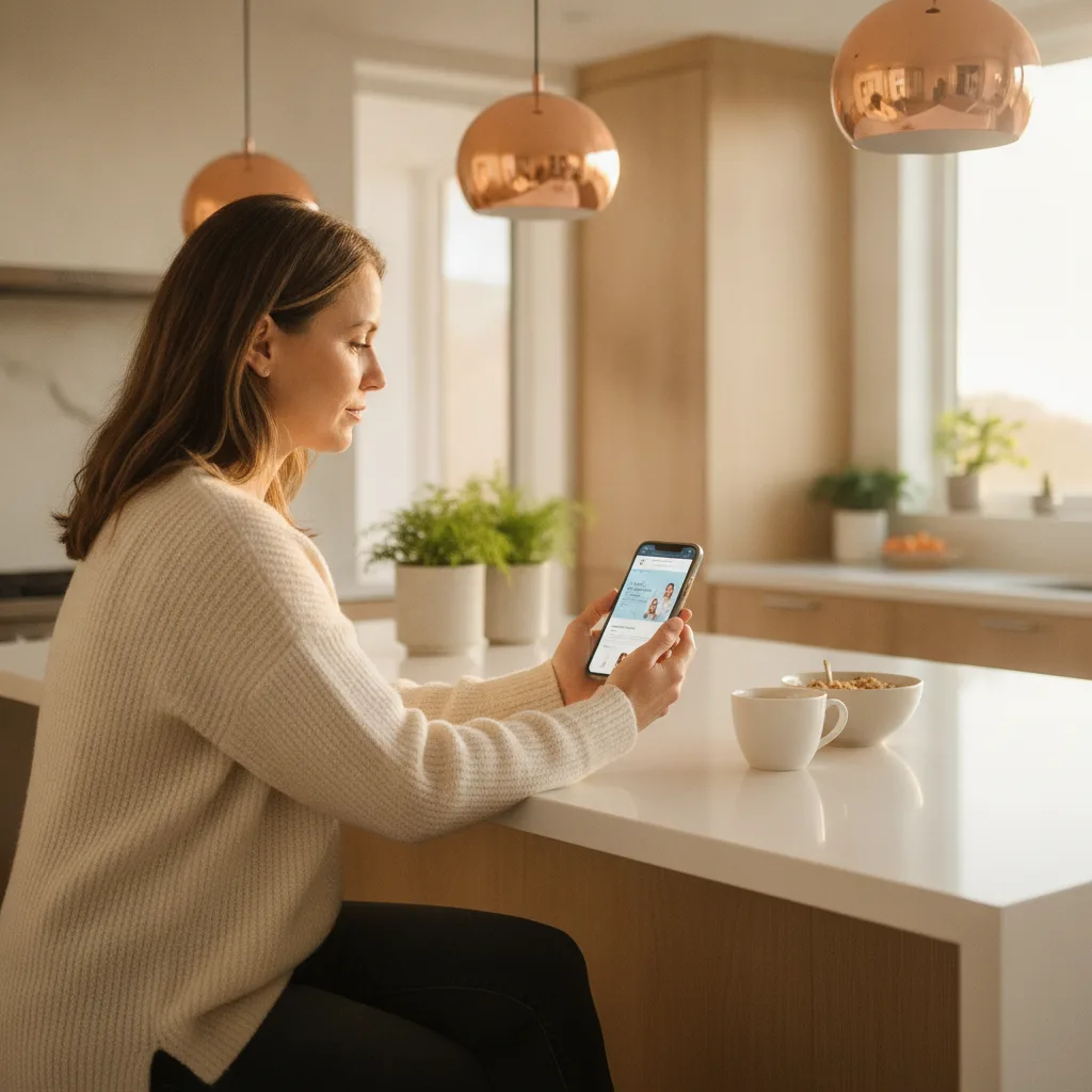 A woman in her mid-40s scrolls a plastic surgery website on her phone in her bright, modern kitchen.