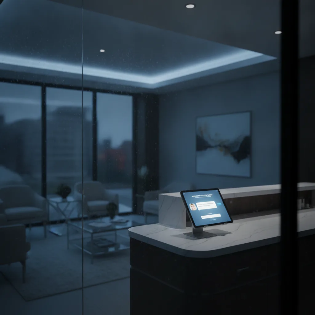 A dimmed plastic surgery front desk after hours, with a chatbot inquiry glowing on a tablet.