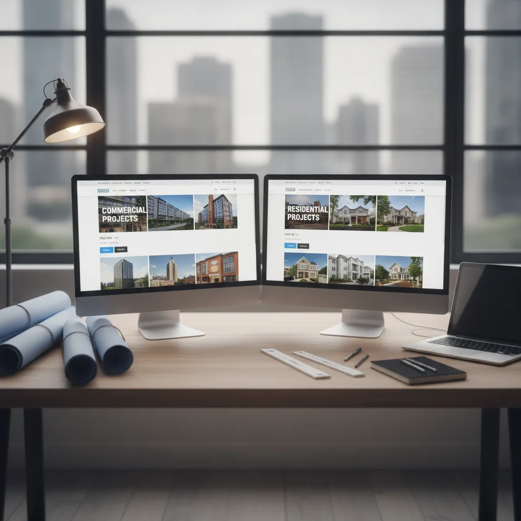 A general contractor's office desk with two monitors displaying construction project portfolios, blueprints, and natural light.