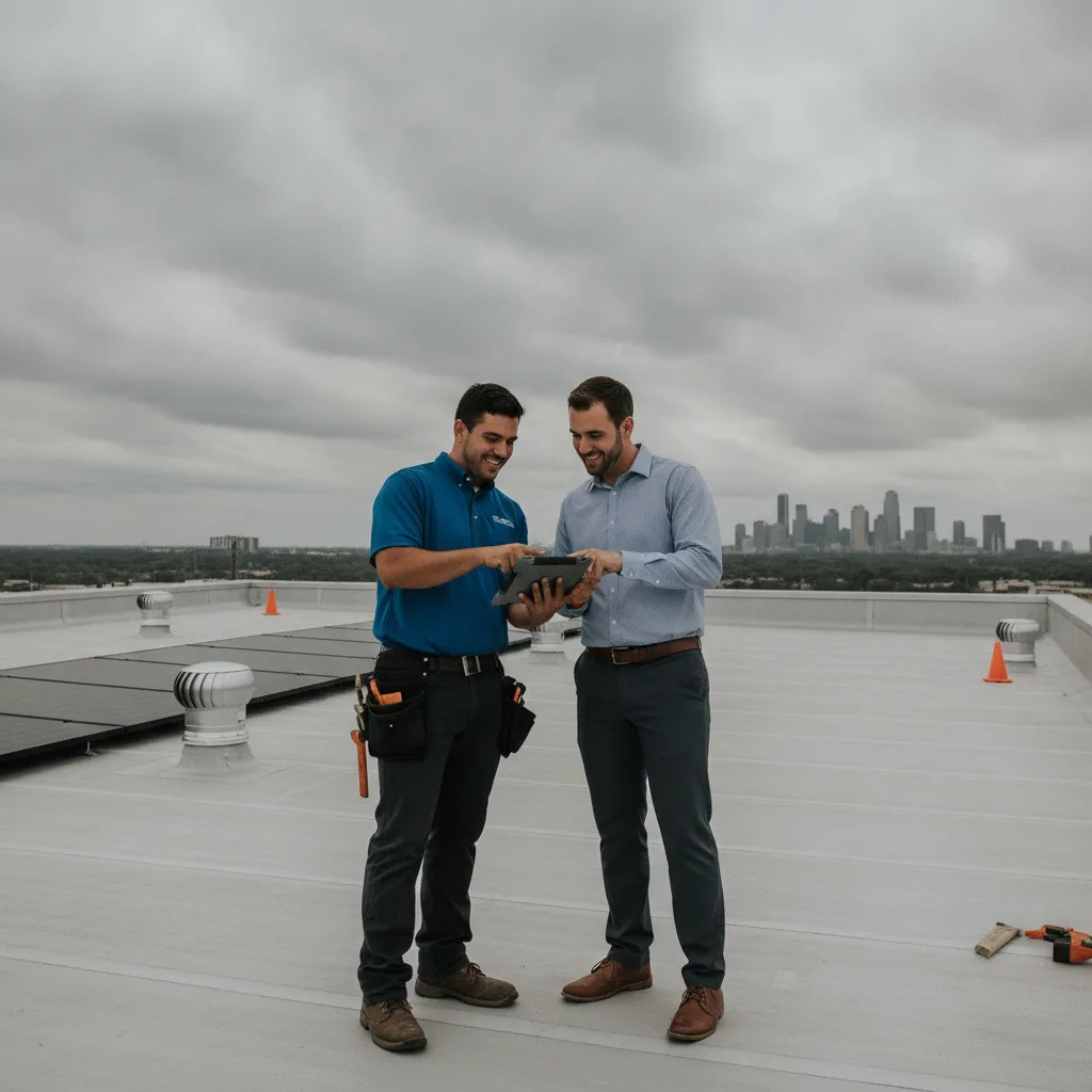 Roofing contractor and client reviewing a tablet on a commercial roof with a city skyline under an overcast sky.