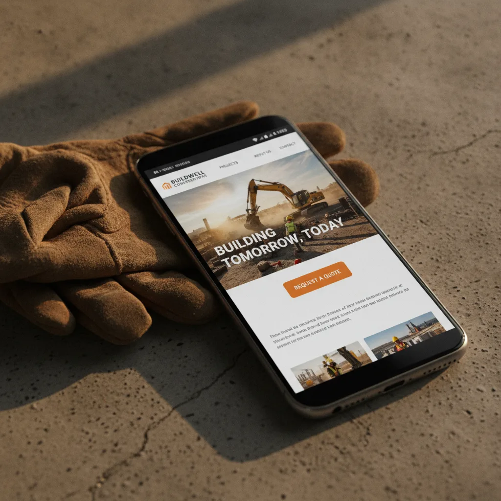 A smartphone on concrete displays a construction company homepage with an excavator hero image and call-to-action button.