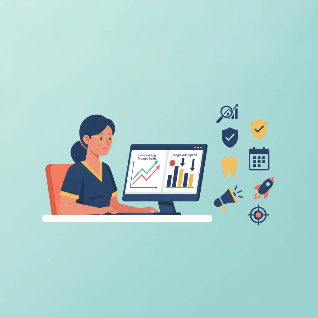 Flat vector illustration: a dental practice owner reviews organic traffic and Google Ads charts on a monitor.