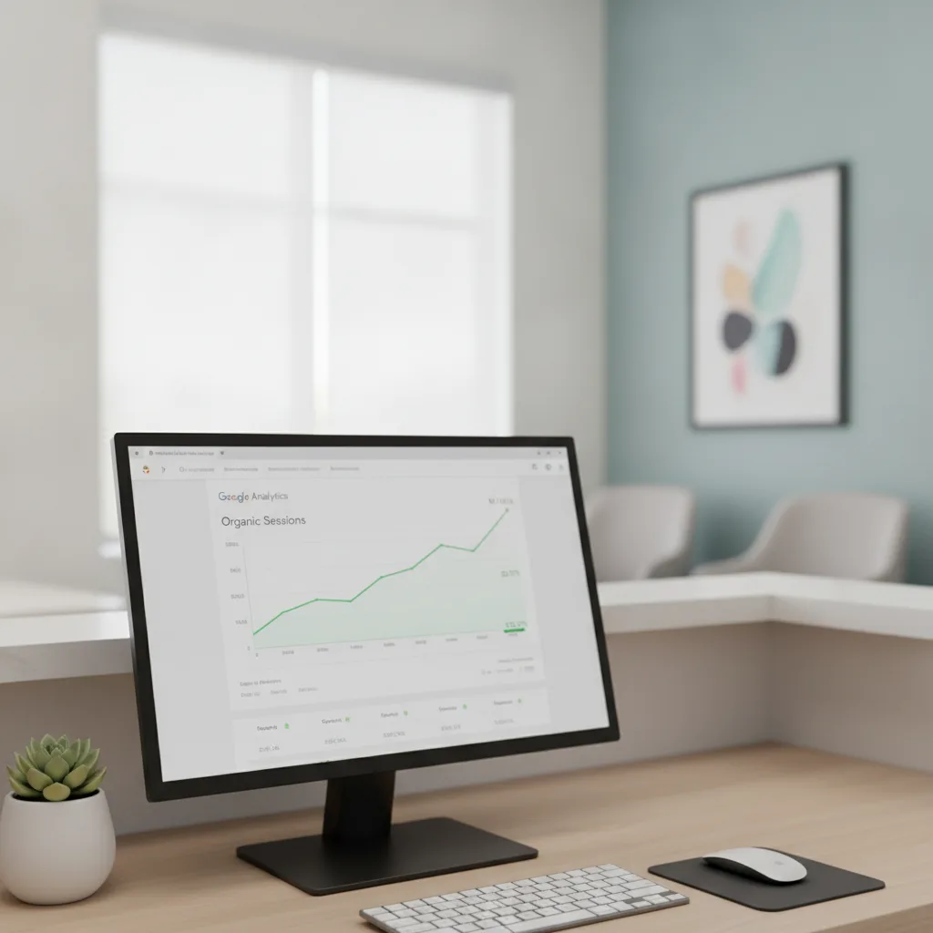 A close-up of a modern dental office front desk with a desktop monitor displaying a Google Analytics dashboard.