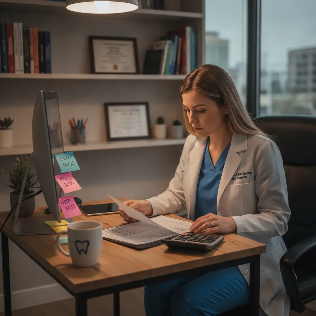 A candid shot of a dentist in scrubs reviewing a marketing budget with a calculator, coffee, and sticky notes.