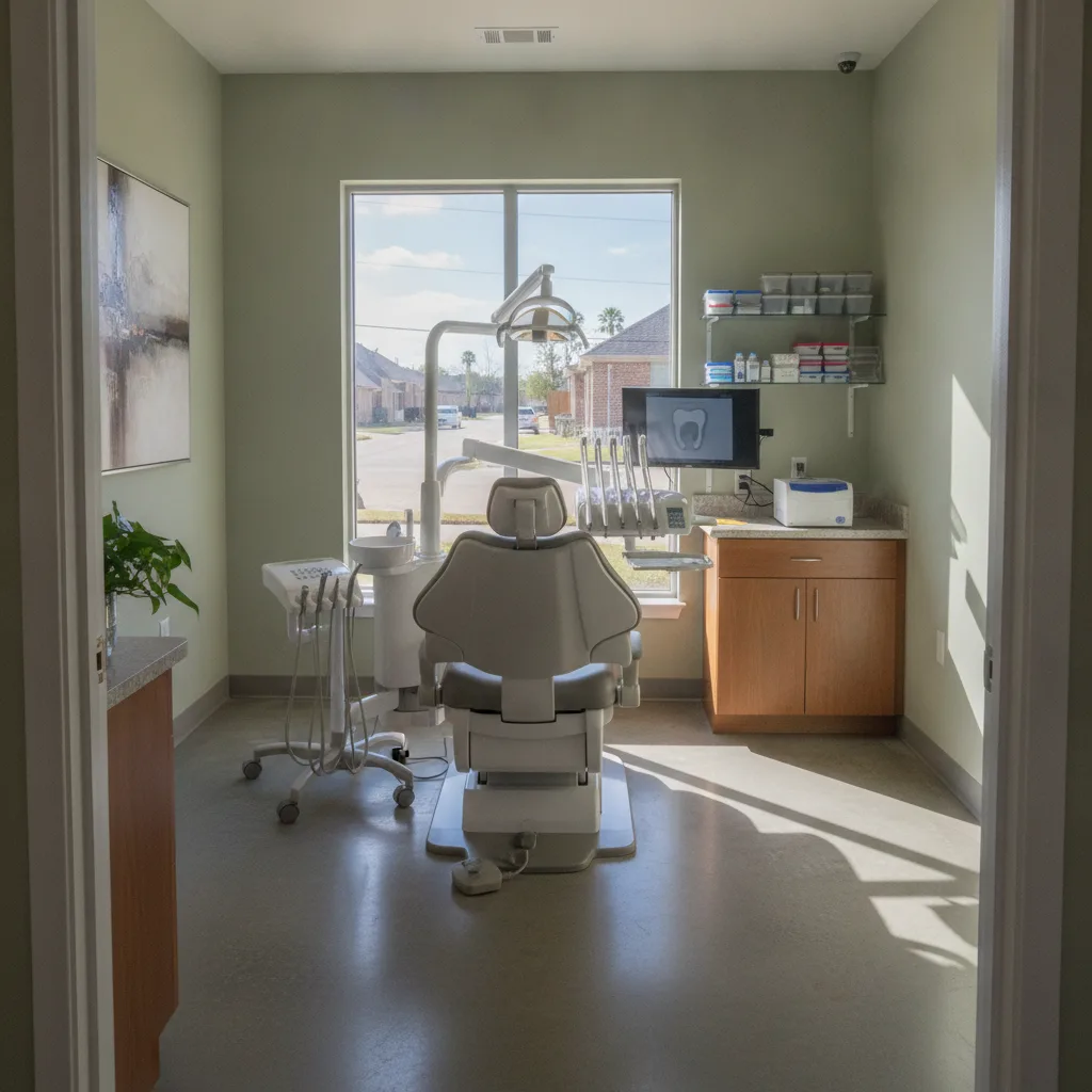 A clean, modern dental treatment room with a central chair, organized equipment, and a window overlooking a suburban street.