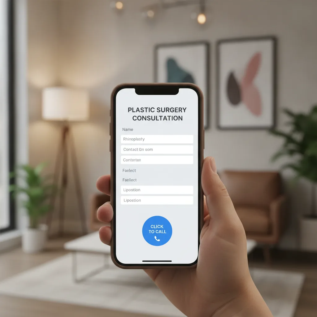 A smartphone displays a plastic surgery consultation form with a click-to-call button, held in a patient's hand.