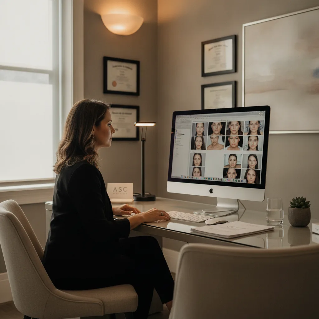 A practice administrator reviews before-and-after photos on an iMac in a bright, professional plastic surgery clinic.