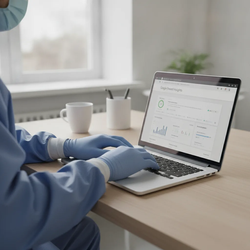 A surgeon's gloved hands type on a laptop displaying Google PageSpeed Insights in a modern medical office.
