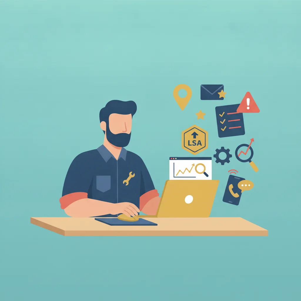 A flat vector illustration of a plumbing business owner reviewing a marketing plan on a laptop, surrounded by relevant icons.
