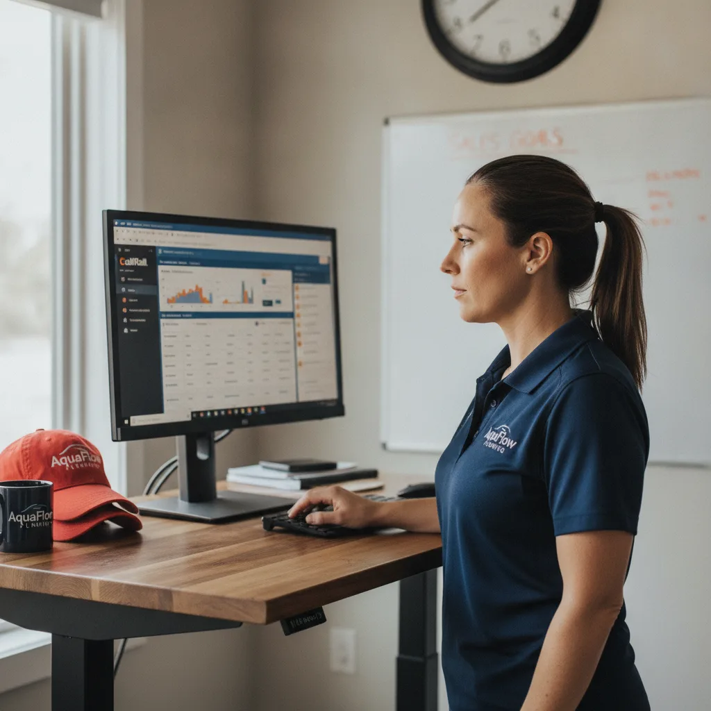 Office manager at a standing desk reviewing a CallRail dashboard, with branded merchandise nearby.