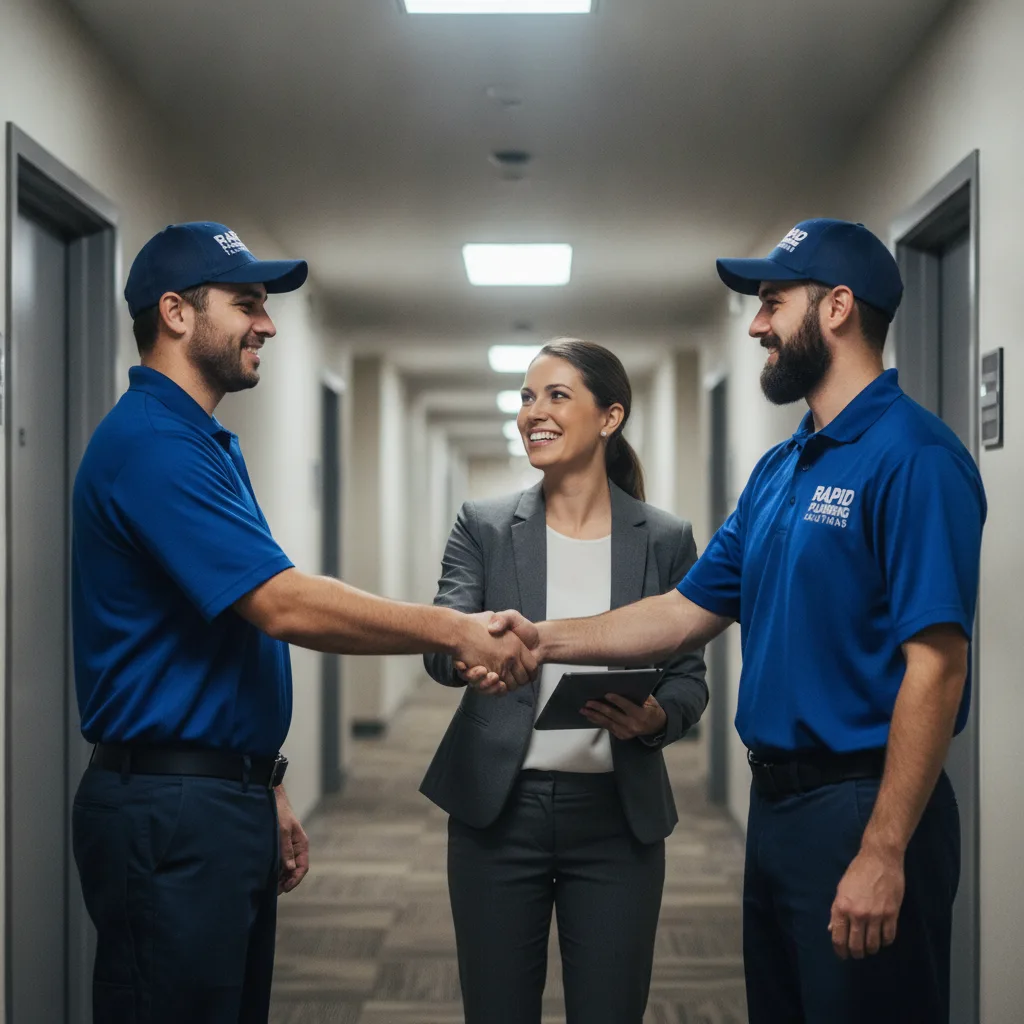 Two plumbing contractors in branded uniforms shaking hands with a property manager in an apartment complex hallway.