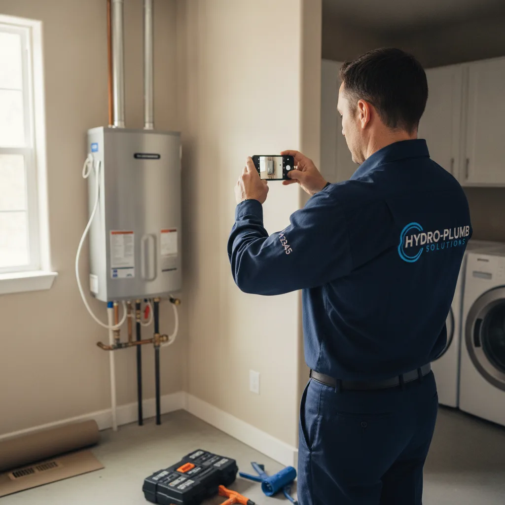 Plumber in uniform photographs a newly installed water heater with a smartphone for Google Business Profile.