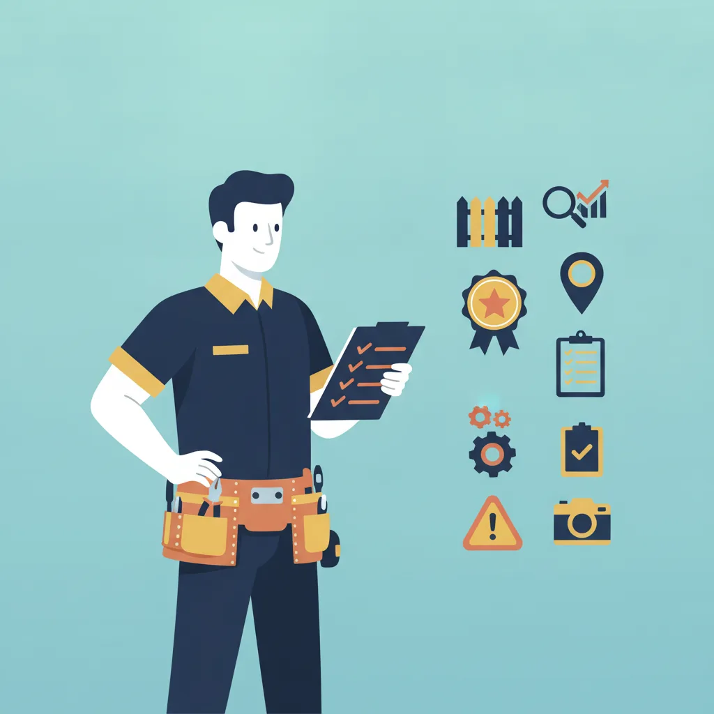 A flat vector illustration of a fence contractor holding a checklist, with various work-related icons to their right.