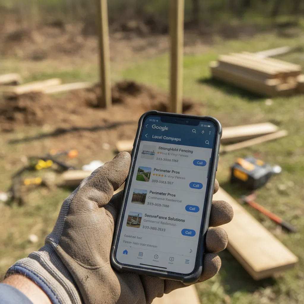 Fence installer's gloved hand holds smartphone showing Google Maps local pack with fence company listings on a job site.