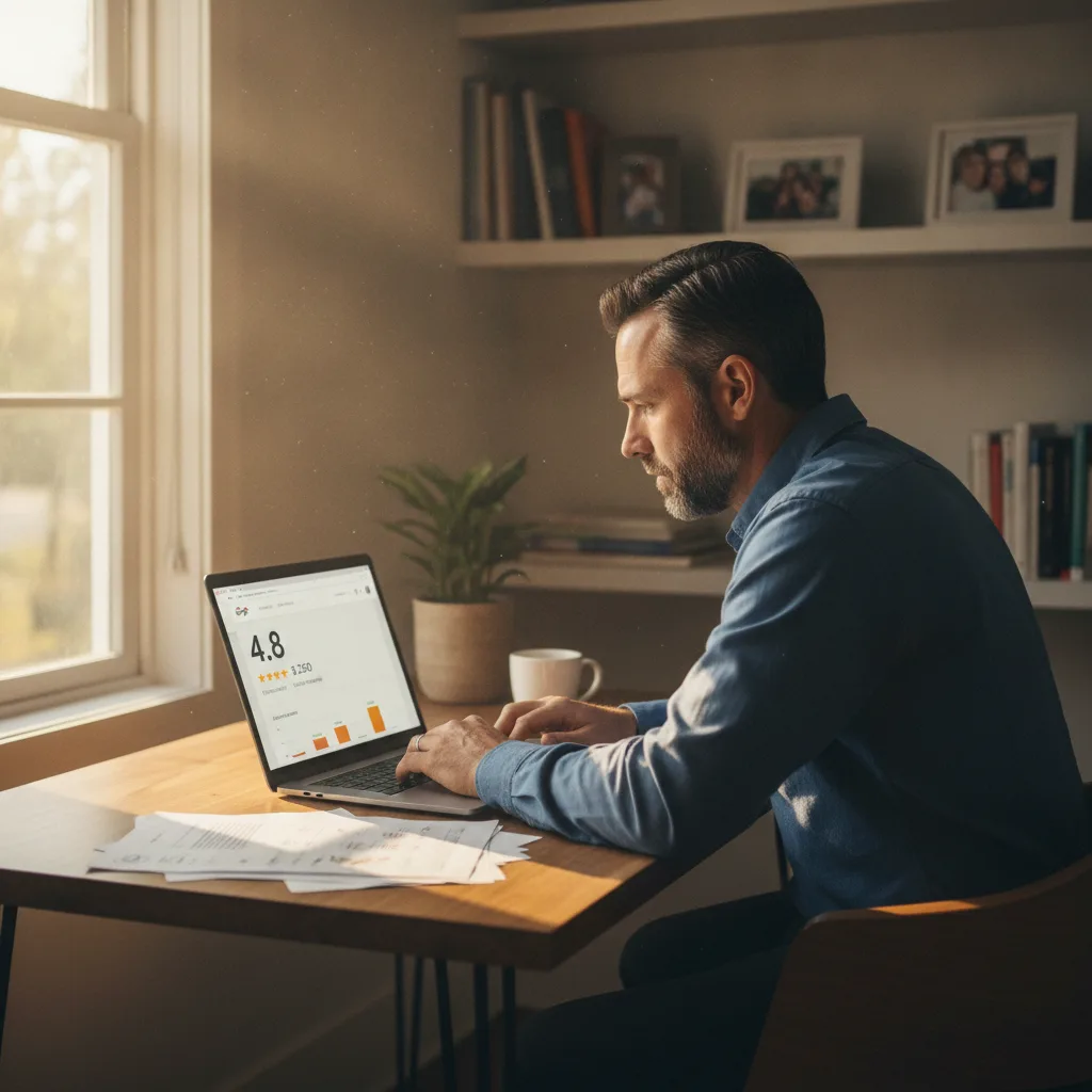 Home services business owner at a desk in a home office, reviewing a Google Business Profile dashboard on a laptop.