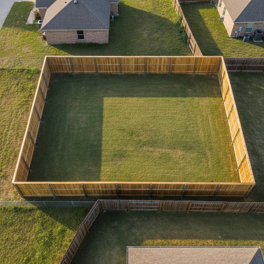 Aerial wide-angle shot of a freshly completed cedar privacy fence in a suburban Texas backyard under midday sunlight.