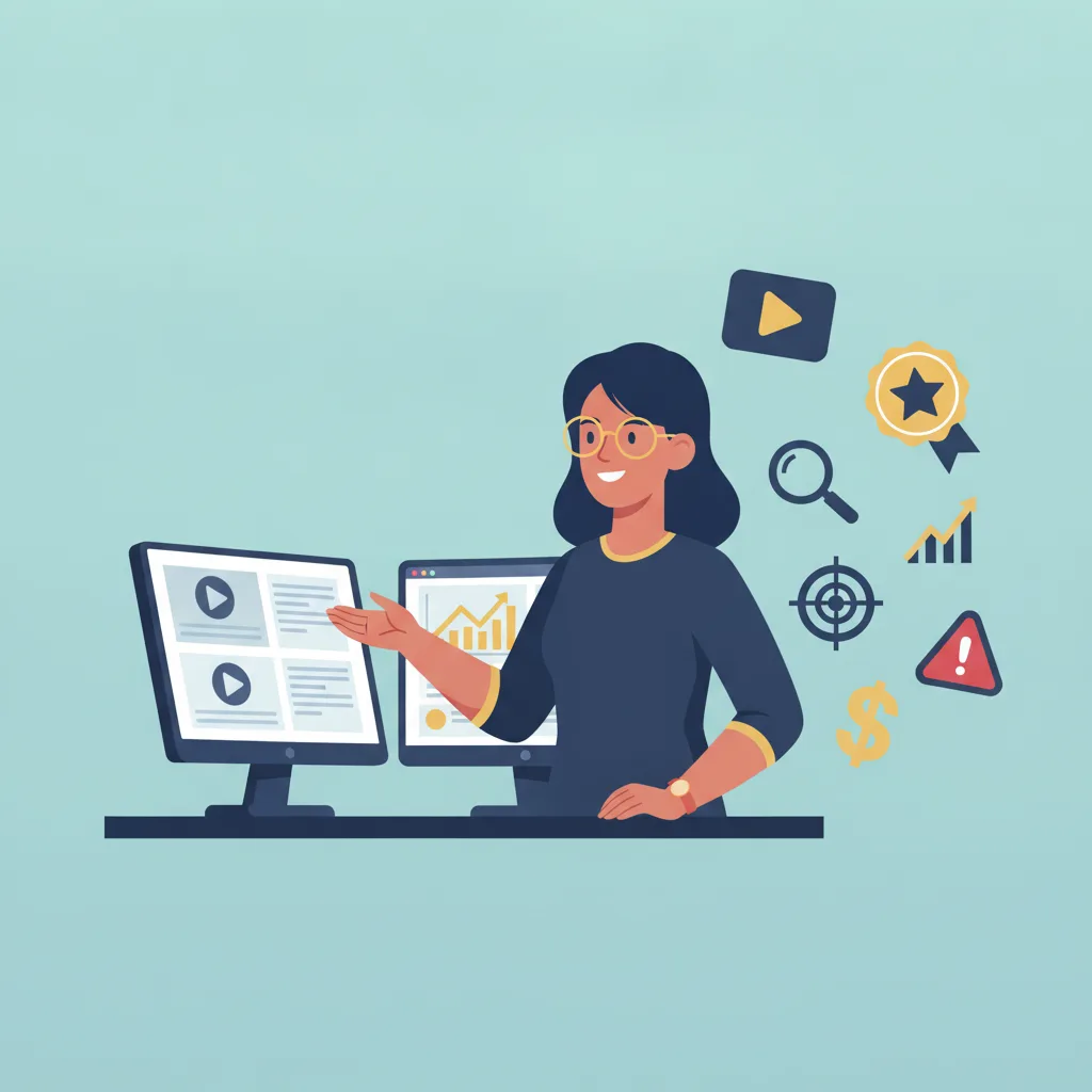A flat vector illustration of a marketing professional at a desk with dual monitors and floating marketing-related icons.