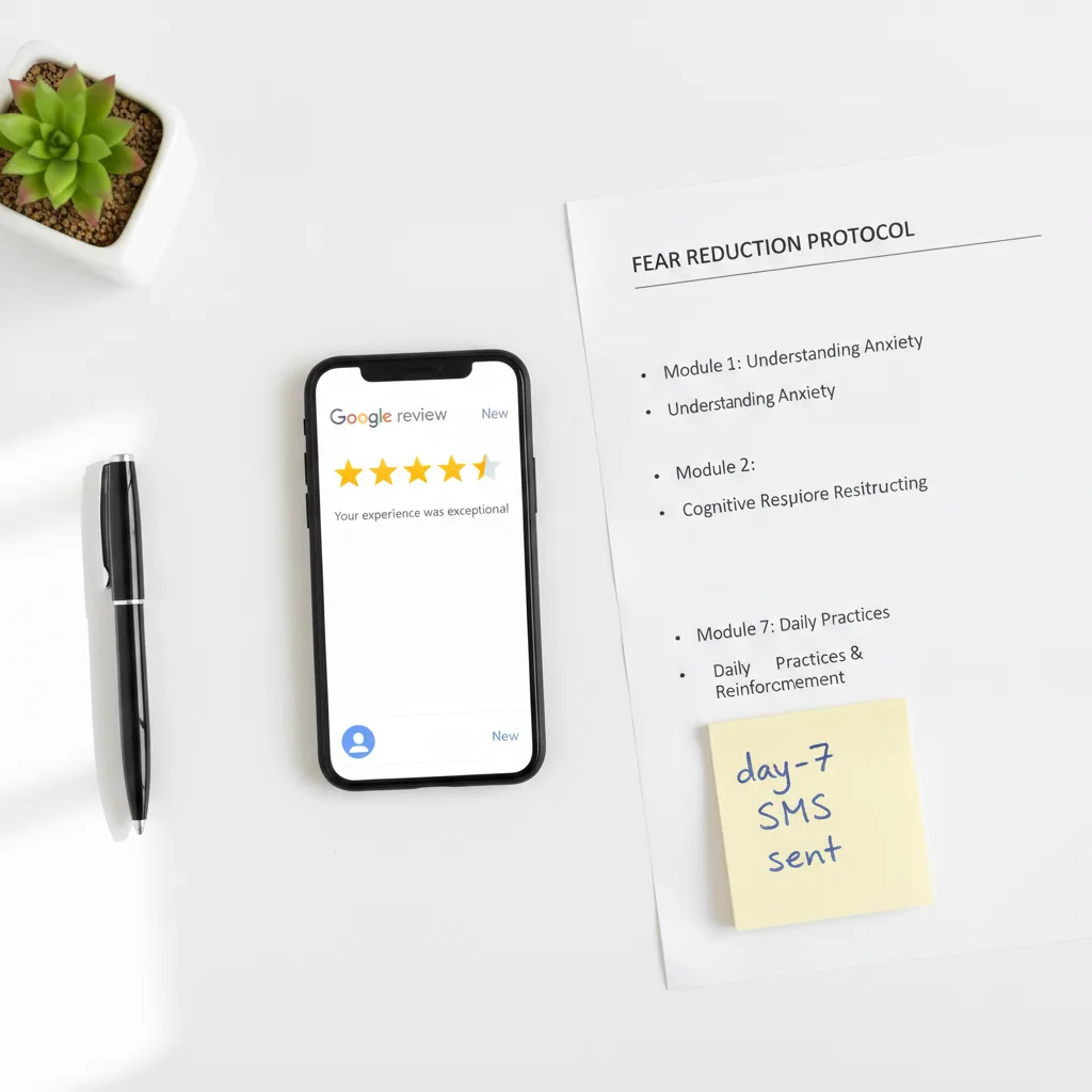 Overhead flat-lay of a smartphone displaying a five-star Google review next to a fear-reduction content outline and a sticky note.