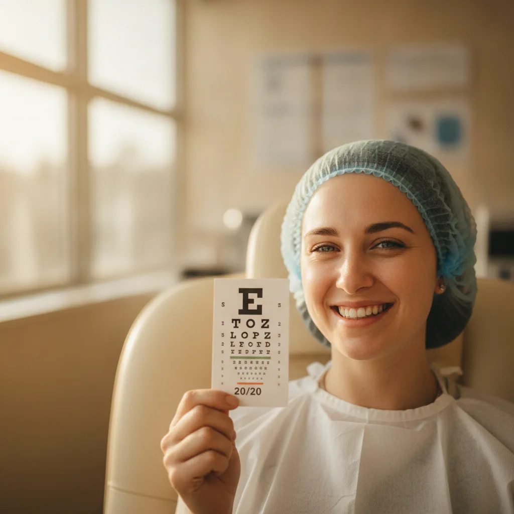 A smiling LASIK patient in a clinical chair holds up a 20/20 eye chart result card, bathed in natural window light.
