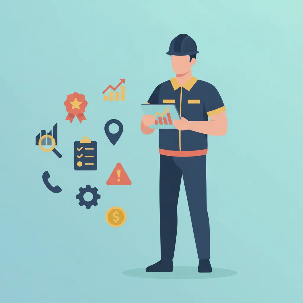 Flat vector illustration of a foundation repair contractor analyzing marketing data on a tablet, with icons like a magnifying glass, star rating, and gear.