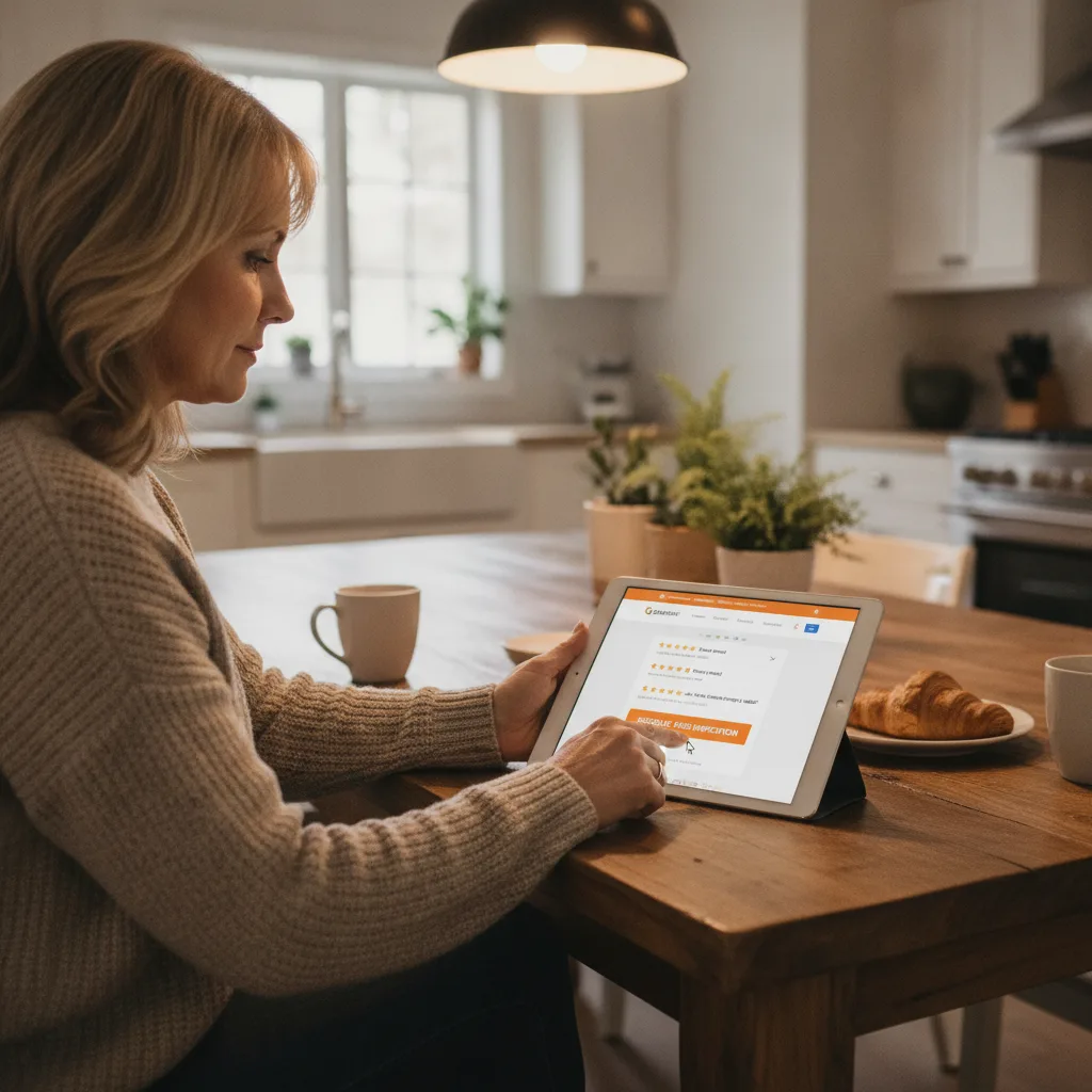 Homeowner at kitchen table reviews foundation repair website with Google reviews and call-to-action on a tablet.
