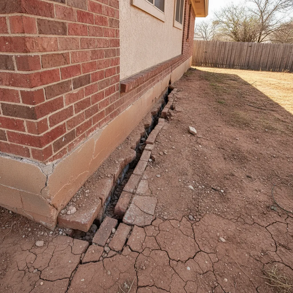 A wide shot of a serious crack running diagonally across a brick foundation wall on a residential home in Texas.