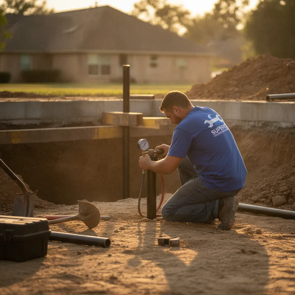 Foundation repair technician in uniform kneeling beside a pier installation at a residential property in late afternoon sun.