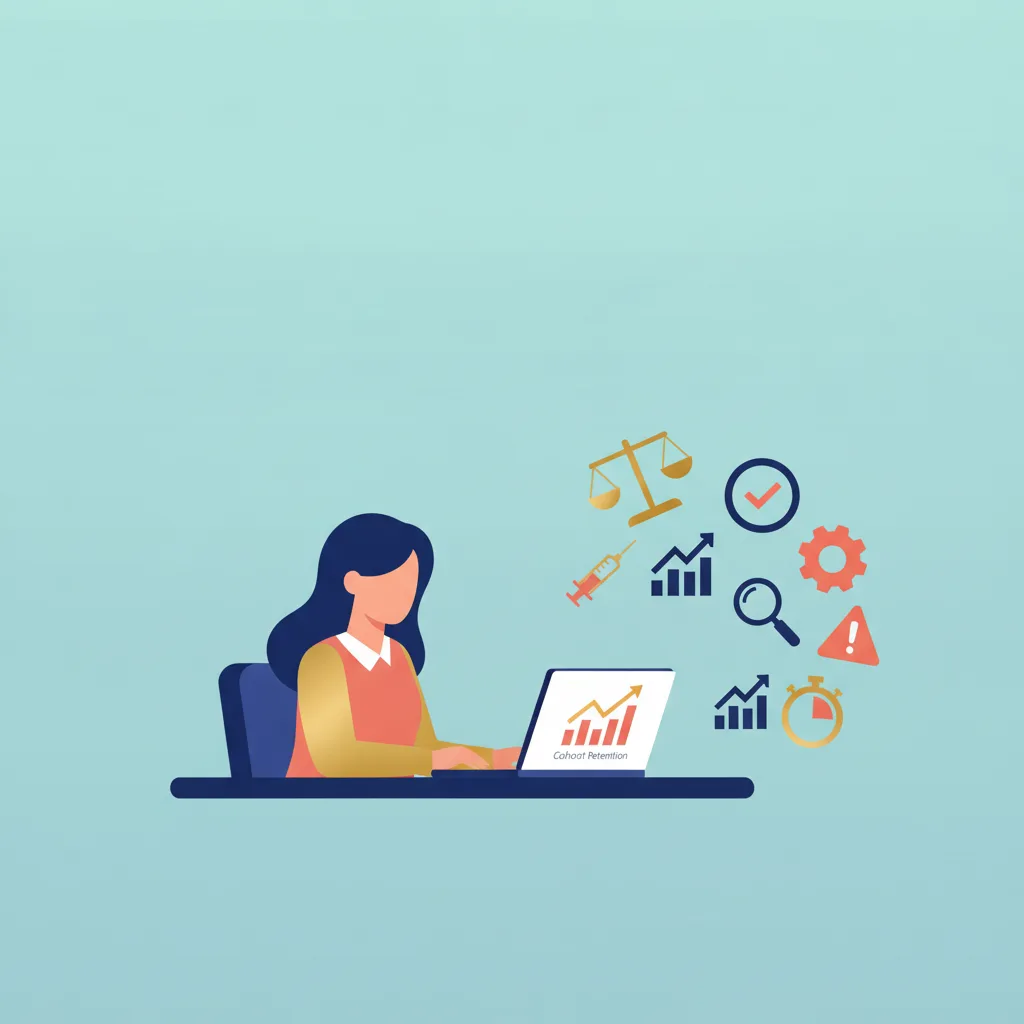 A vector illustration of a clinic owner reviewing a cohort retention chart on a laptop, with various health and business icons.