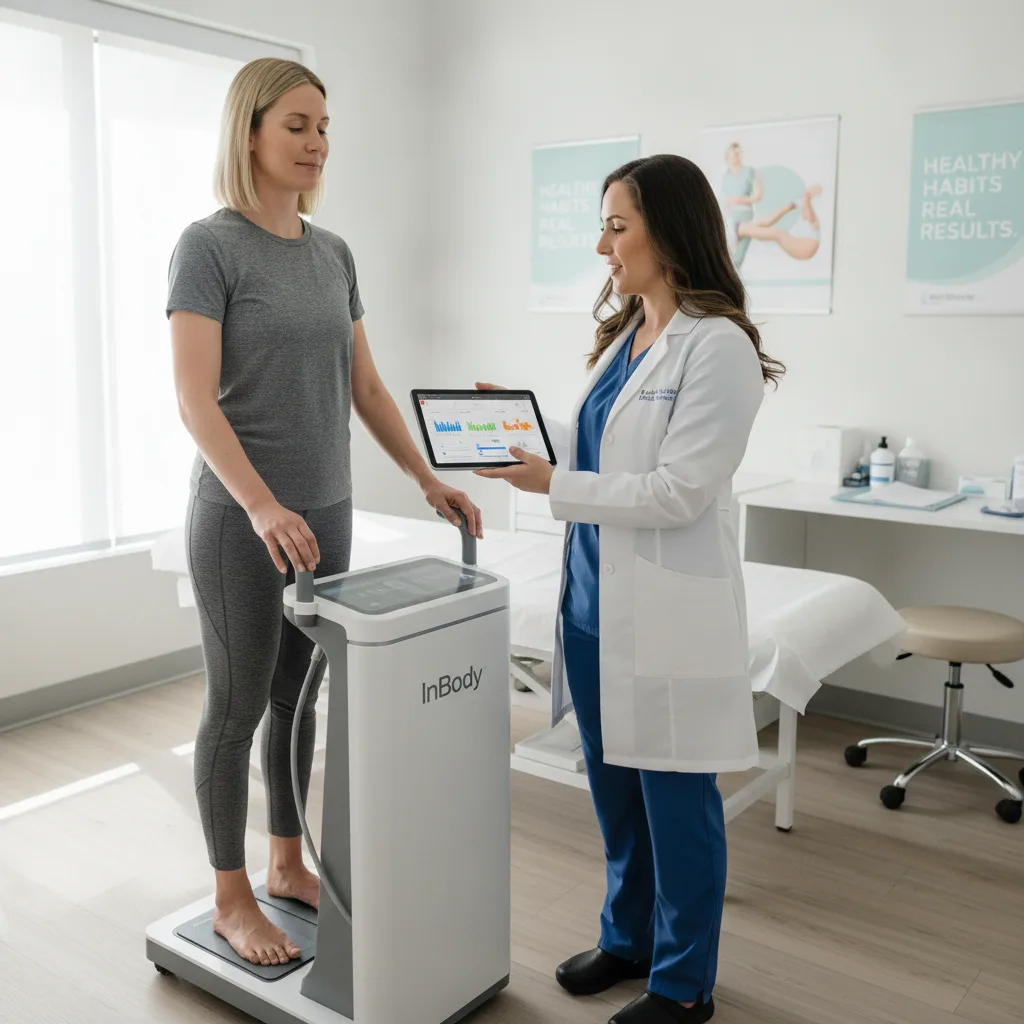 Patient on InBody analyzer in medical clinic, nurse practitioner reviews results on tablet.