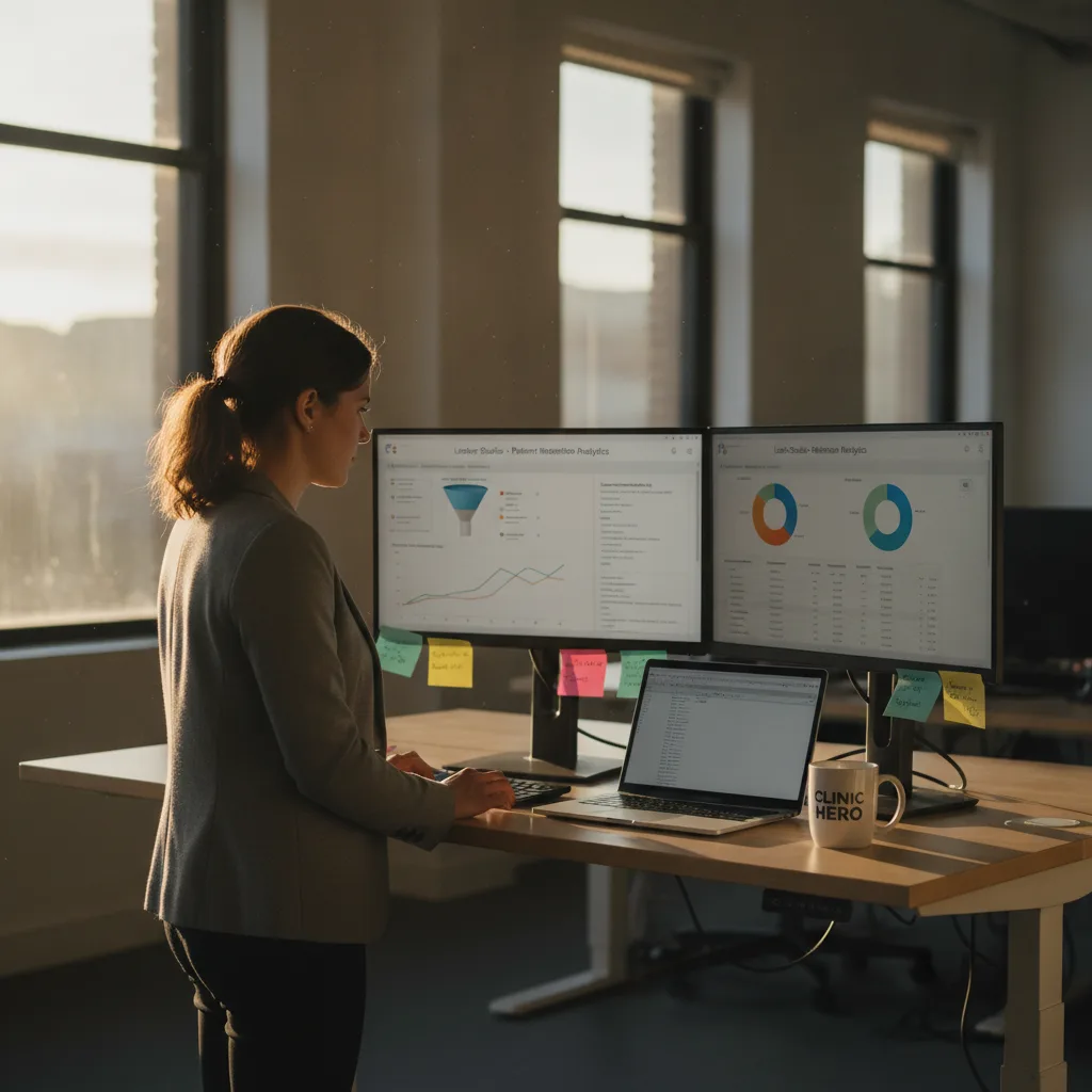 A clinic marketing coordinator at a standing desk reviewing a Looker Studio retention dashboard on dual monitors.