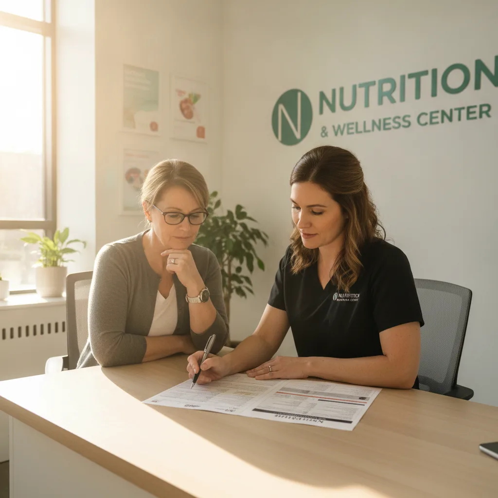 A registered dietitian and patient review an eating plan in a bright medical office with warm, professional lighting.