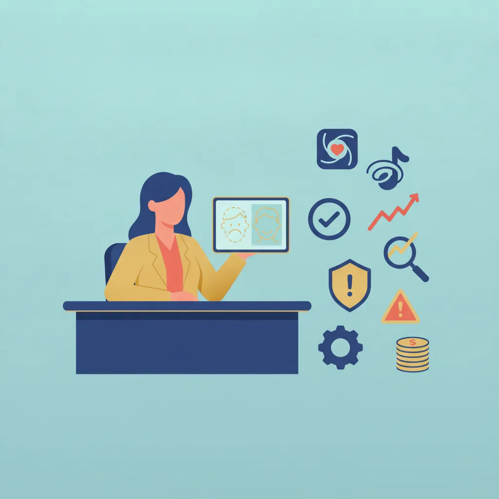Flat vector illustration of a plastic surgeon at a desk, reviewing before-and-after photos, with a cluster of icons.