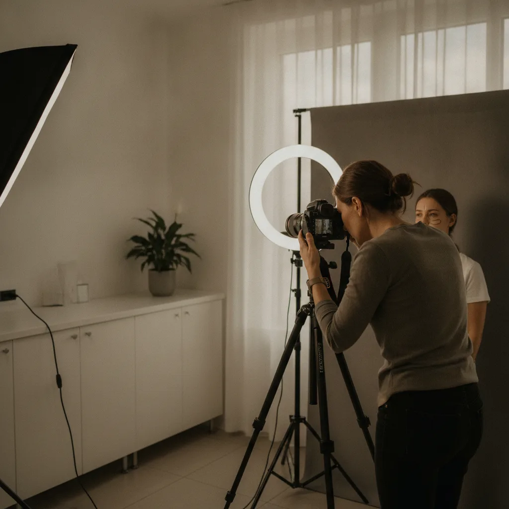 A professional photographer uses a DSLR on a tripod with a ring light to shoot a patient in a medical consultation room.