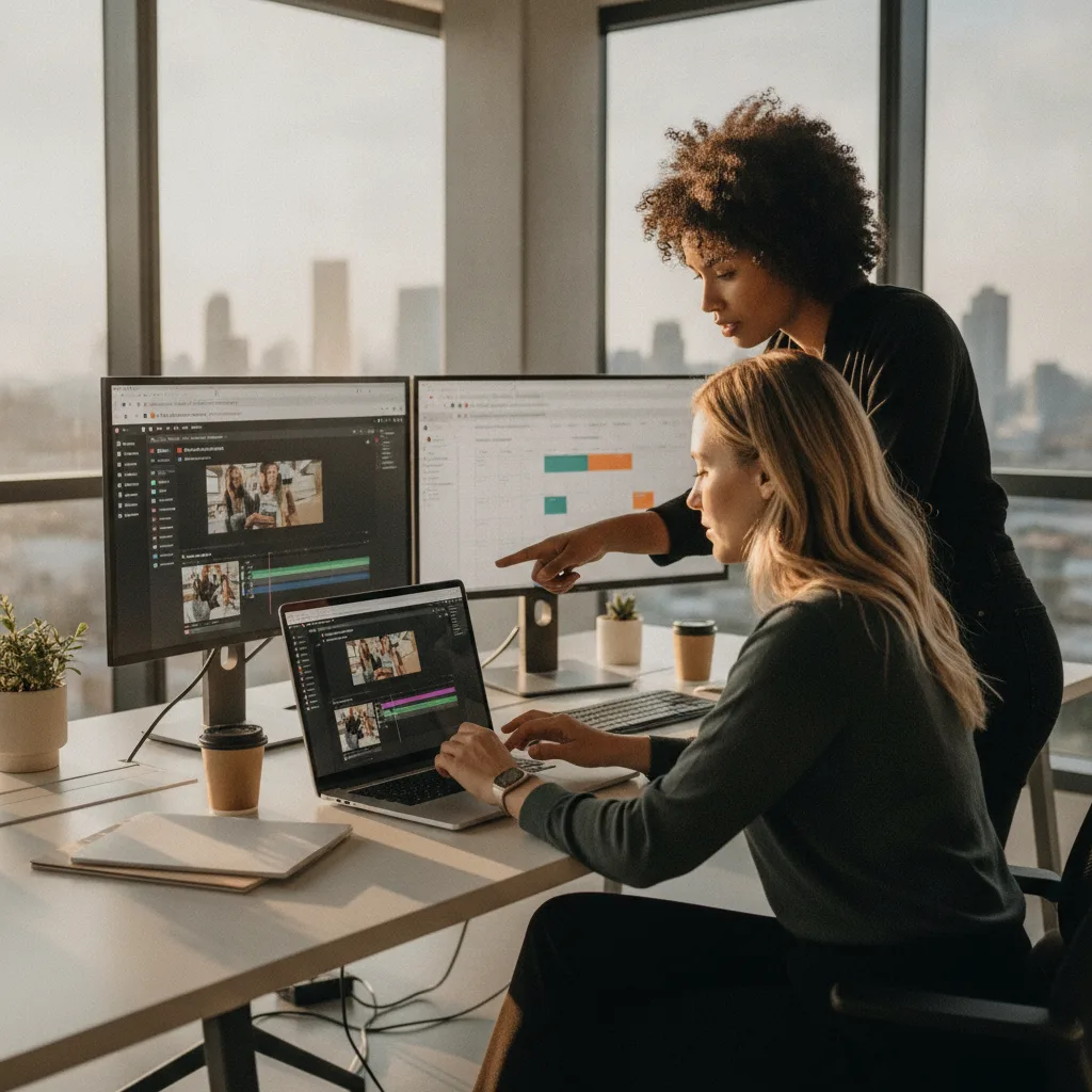 Two women in a modern office with glass walls, editing a video on a laptop and multiple monitors.