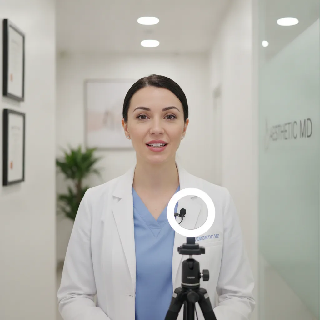 A female plastic surgeon records an educational social media video in a bright clinic hallway with a ring light and lapel mic.