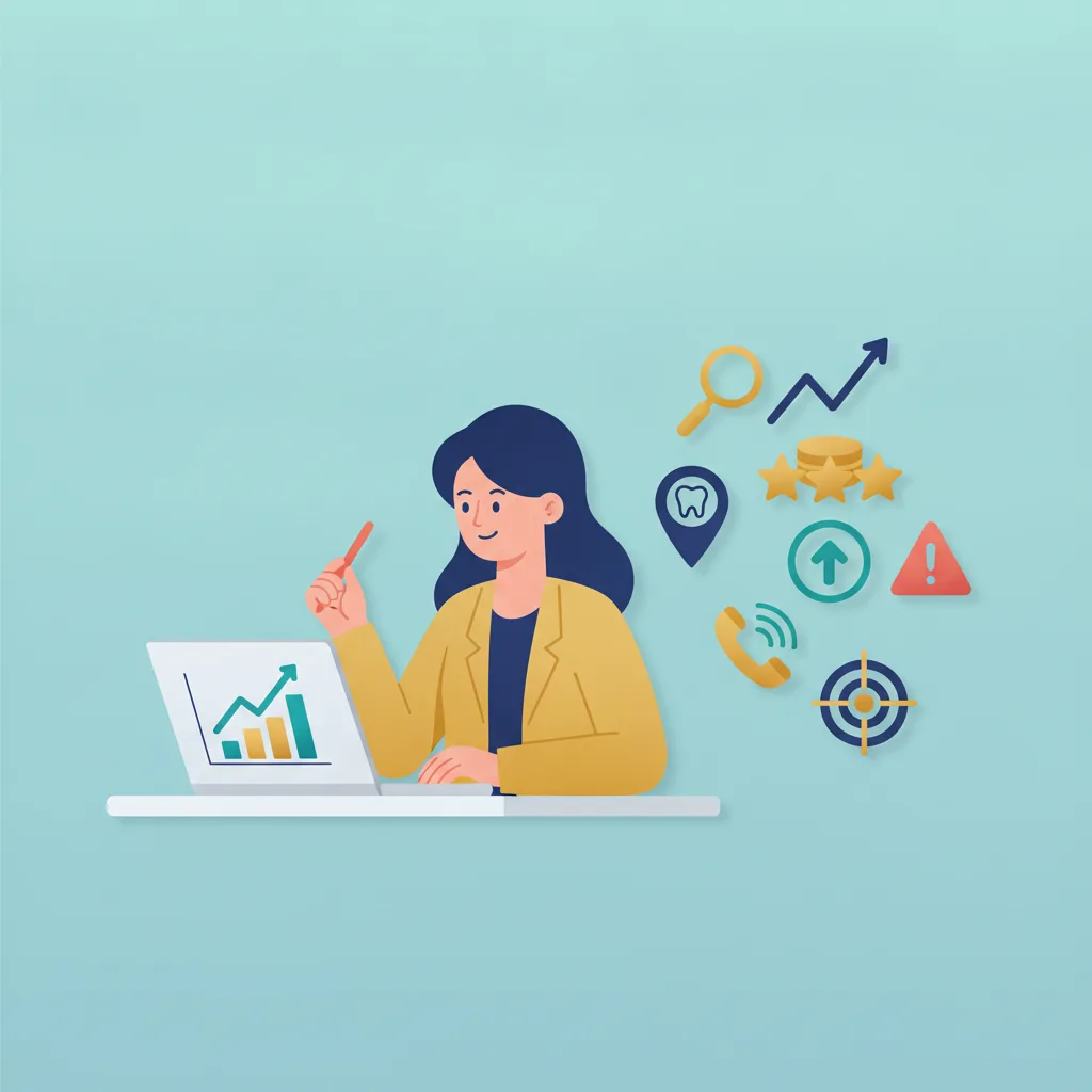 A flat vector illustration of a dental practice owner at a desk with a laptop, surrounded by SEO icons.