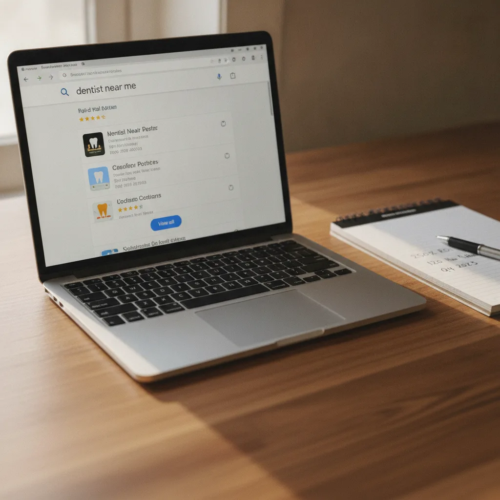 Laptop showing 'dentist near me' Google search results and local pack, with notepad and pen on a wooden desk.