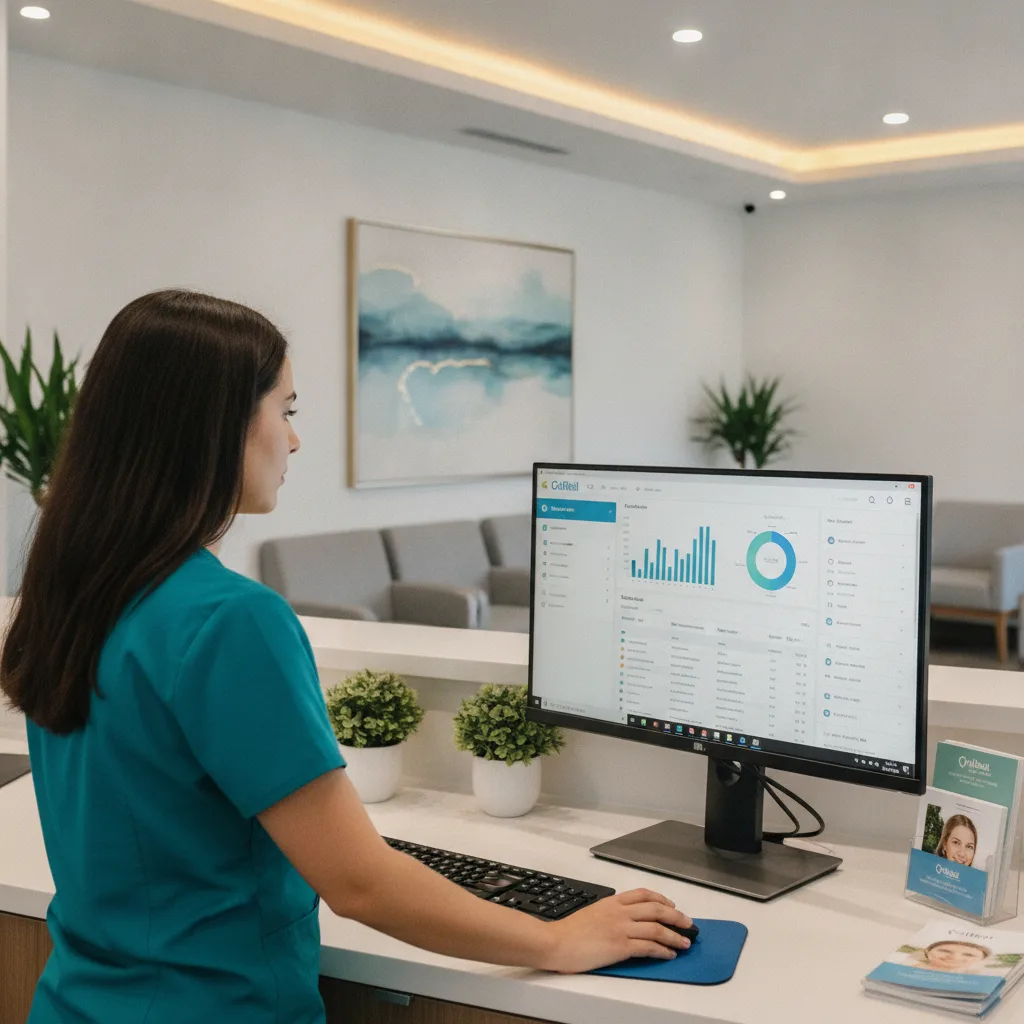 A dental front desk coordinator in teal scrubs reviews a CallRail dashboard on a desktop in a modern, clean dental office.