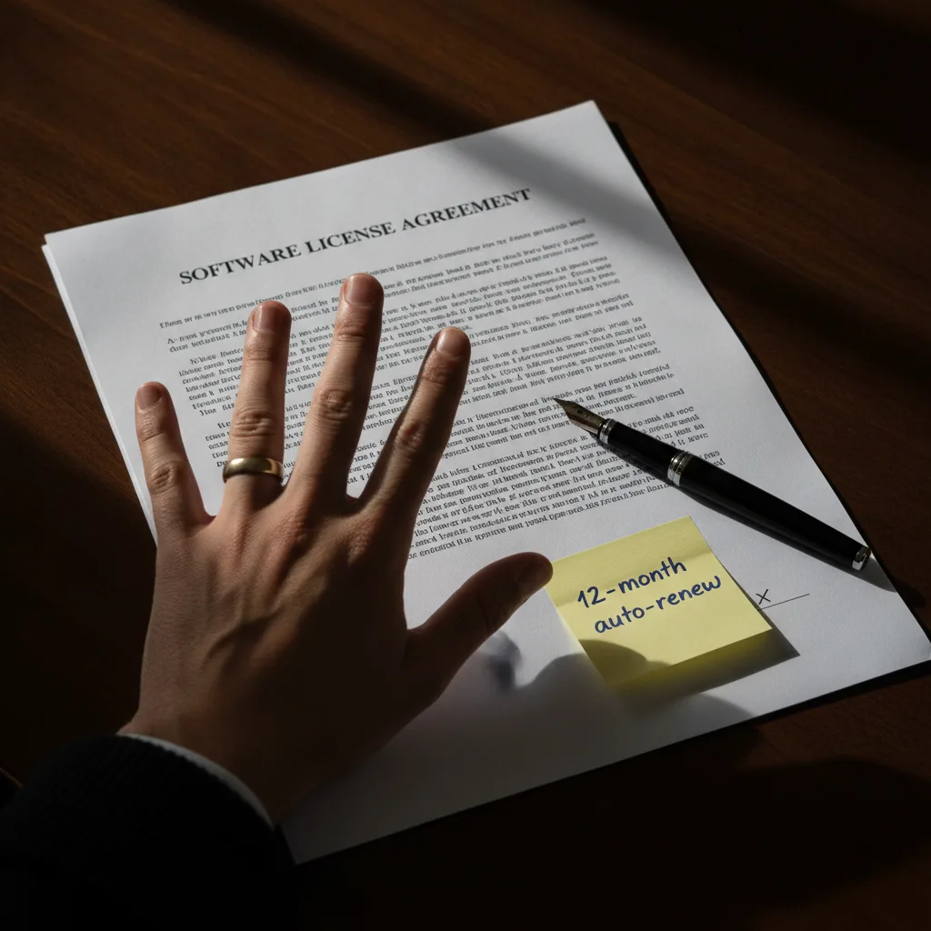 A hand pauses, hesitating to sign a legal contract with a sticky note reading '12-month auto-renew,' creating a cautionary mood.