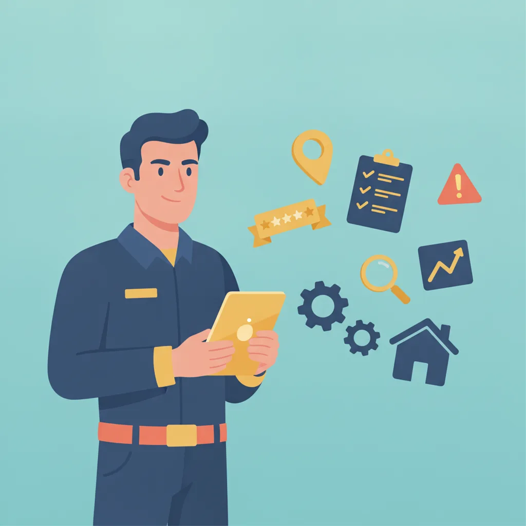 A confident plumber holding a tablet, surrounded by floating icons like a Google Maps pin, five-star review, and a house.