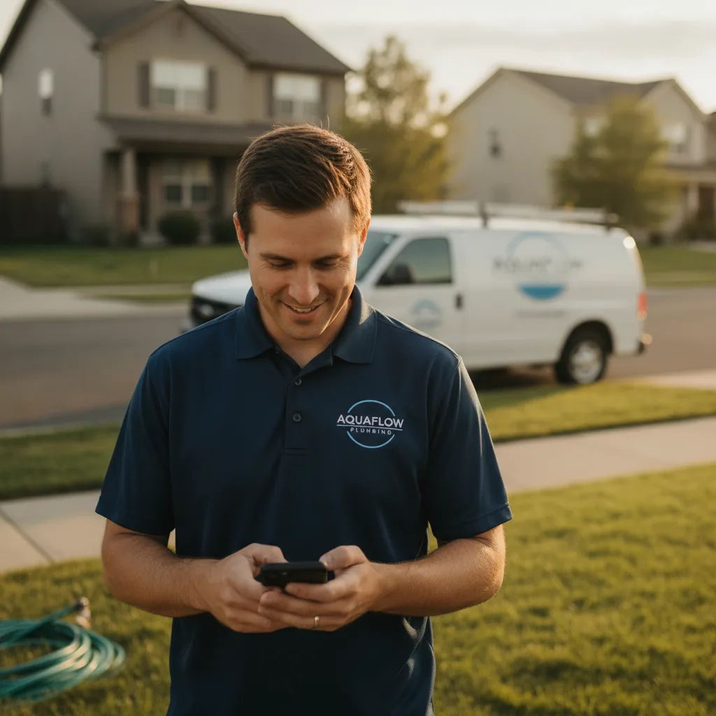Field technician in a branded polo shirt texting on a smartphone after completing a plumbing job in a suburban neighborhood.