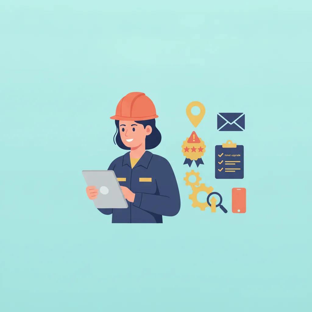 Flat vector illustration of an electrician reviewing a marketing plan on a tablet, with related icons on a teal background.