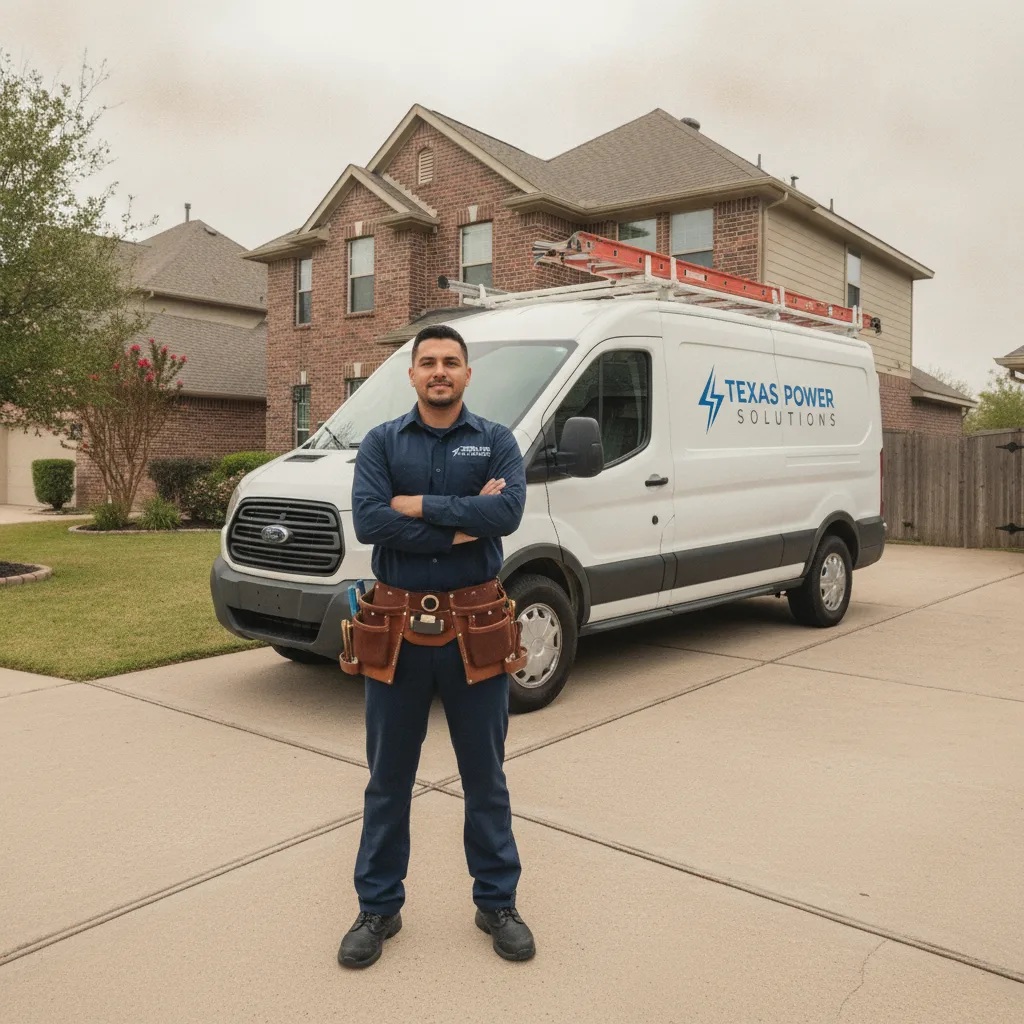 A professional electrician stands in front of a white service van in a suburban driveway on an overcast Texas morning.