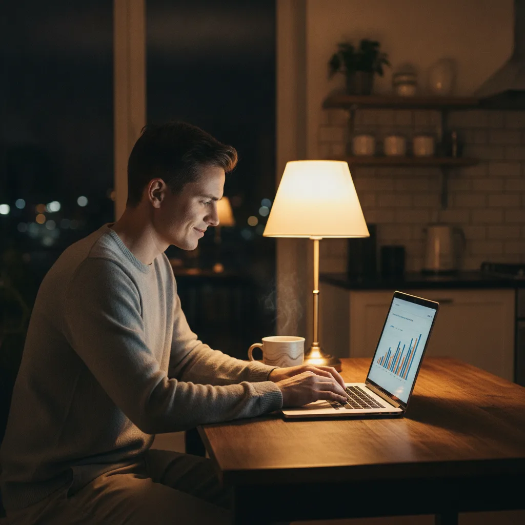 A man reviews marketing analytics on his laptop at a kitchen table at night, a cup of coffee beside him.