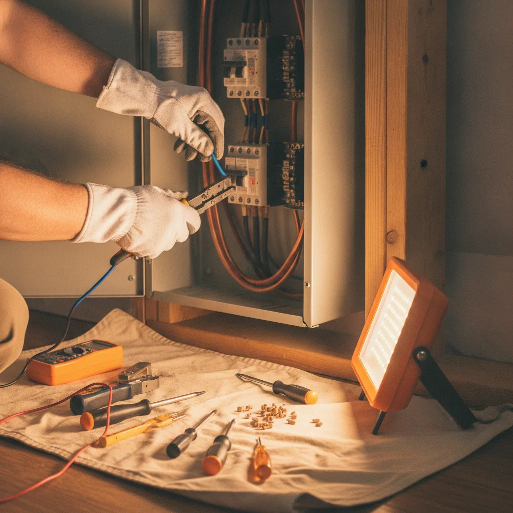 Close-up of an electrician's hands in white gloves working on an open electrical panel with tools and work light.