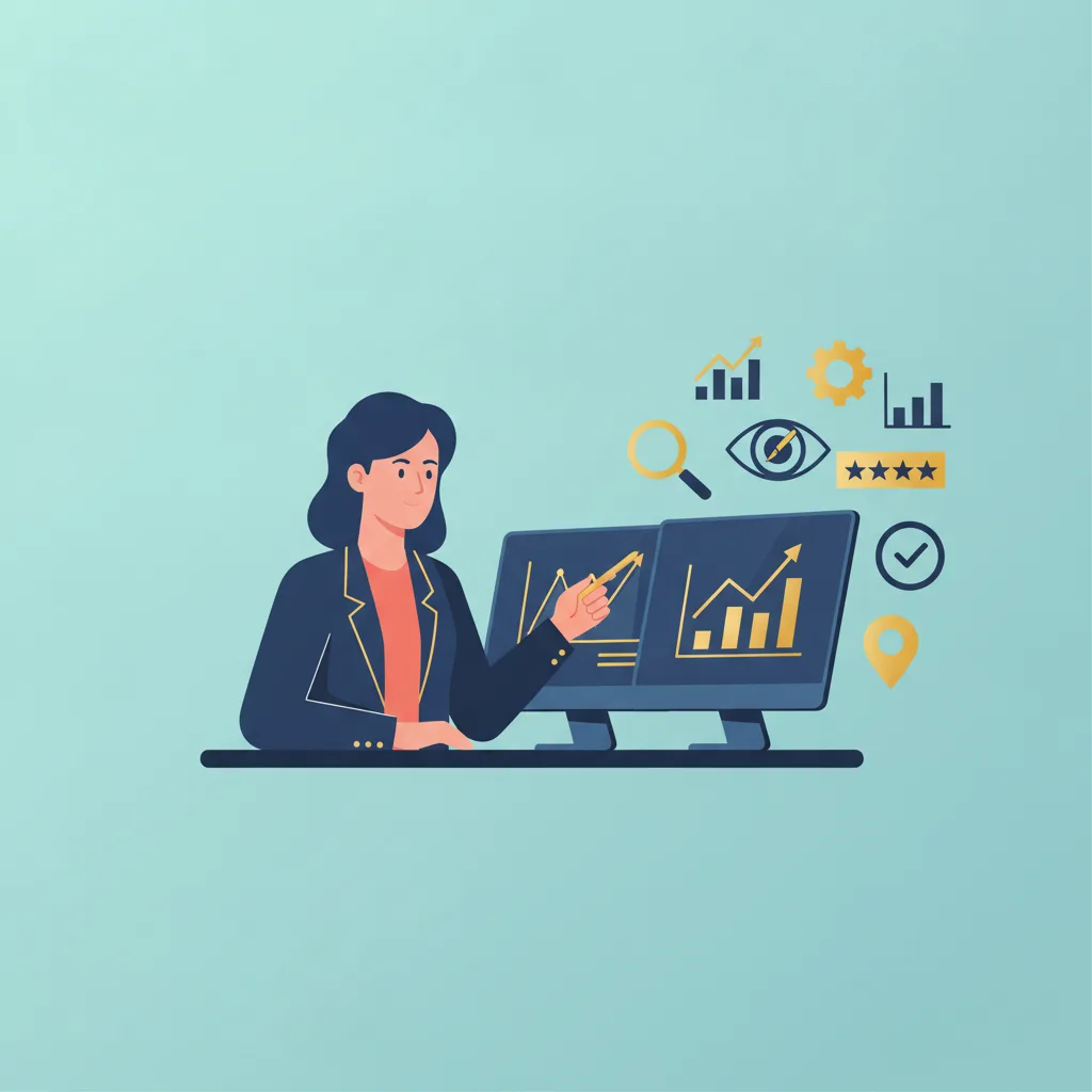A marketing strategist reviews LASIK campaign analytics on two screens, with floating icons of a magnifying glass, eye symbol, and star review.
