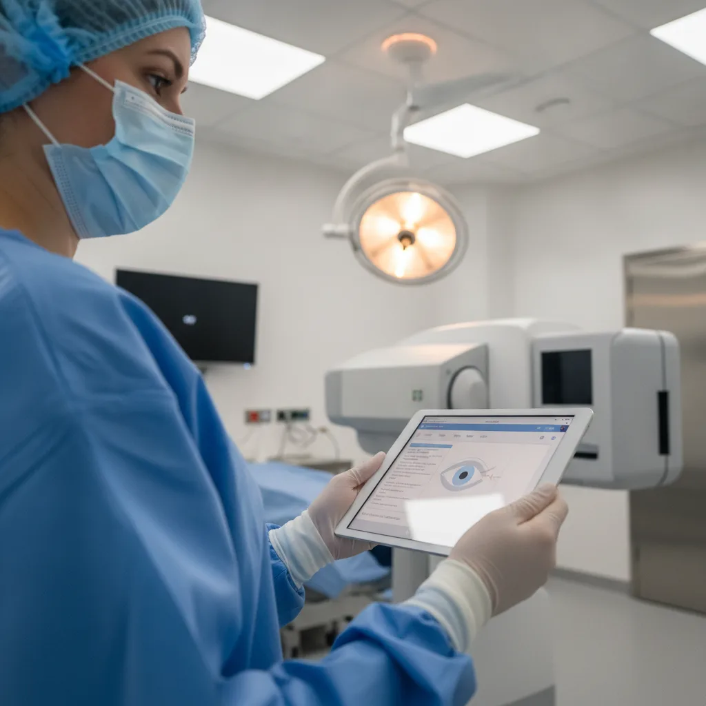 A LASIK surgeon in a modern surgical suite reviews patient notes on a digital tablet with warm clinical lighting.