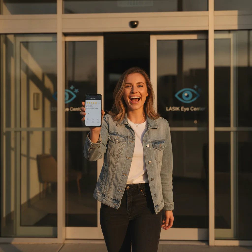 A smiling woman leaves a modern LASIK clinic, holding her phone to show a five-star review she just submitted.