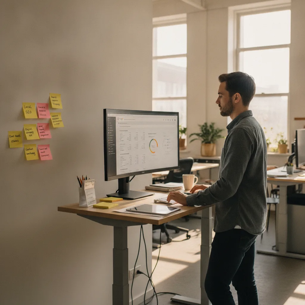 A marketing analyst works at a standing desk in a bright agency office, Google Ads on screen, sticky notes nearby.