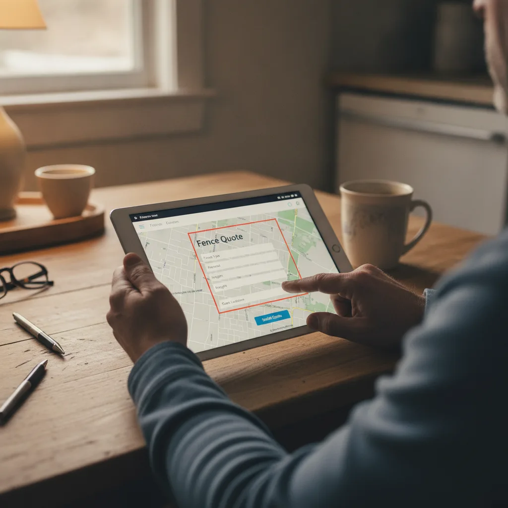 A homeowner's hands use a tablet to complete an online fence quote form, showing a satellite map of their property.